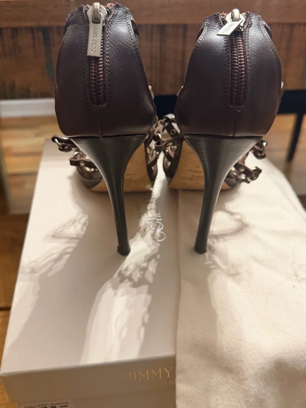Saks Fifth Avenue Brown Leather Chain-Strap Gladiator Heels